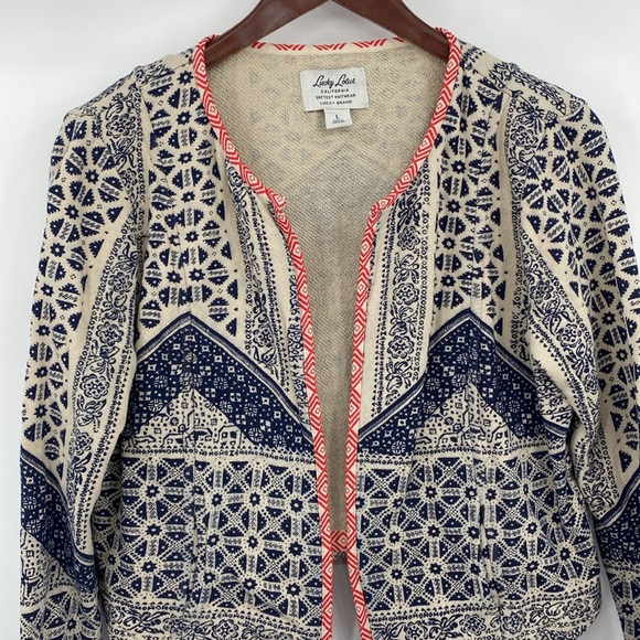 Lucky Lotus by Lucky Brand Open Front Cardigan Womens Sz Large Cream Blue Aztec - Picture 2 of 14